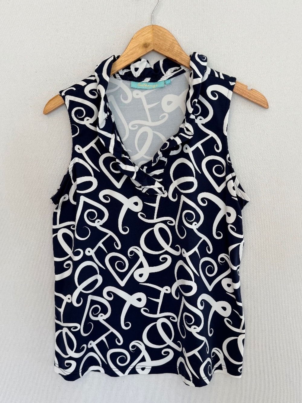 LULU-B Women’s Large Blue & White Love Print Retired Ruffle Neck Sleeveless Top